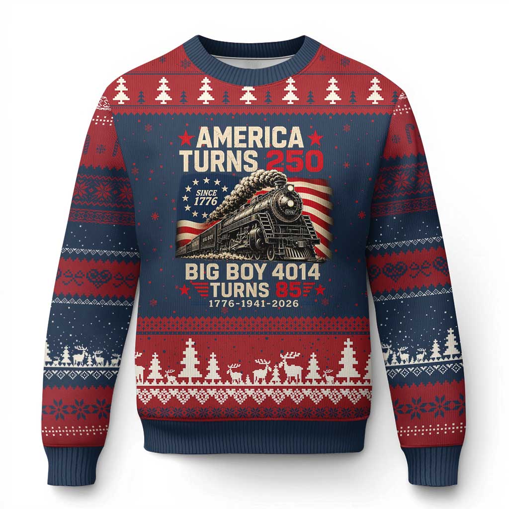 America Turns 250 Steam Locomotive Turns 85 Ugly Christmas Sweater Vintage Railroad Steam Engine 85th USA 250th Anniversary
