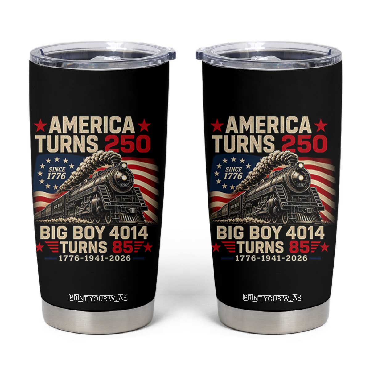 America Turns 250 Steam Locomotive Turns 85 Tumbler Cup Vintage Railroad Steam Engine 85th USA 250th Anniversary TS02 Black Print Your Wear