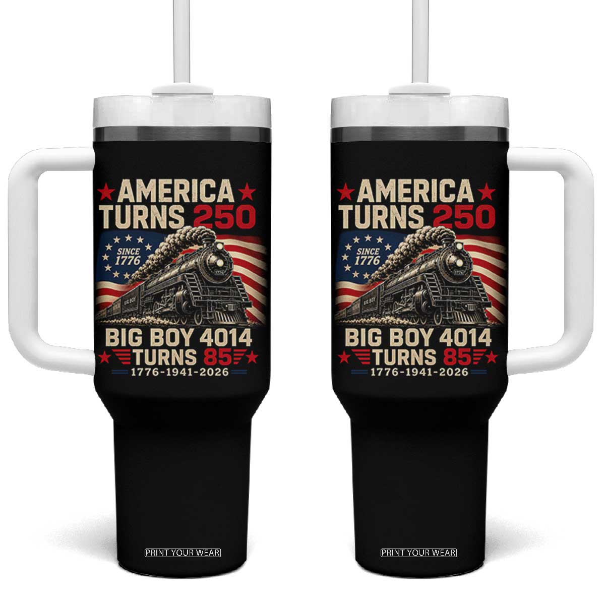 America Turns 250 Steam Locomotive Turns 85 Tumbler With Handle Vintage Railroad Steam Engine 85th USA 250th Anniversary TS02 One Size: 40 oz Black Print Your Wear