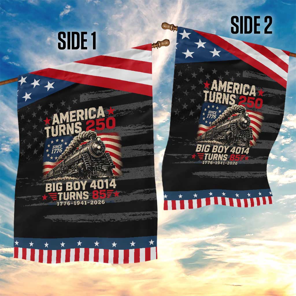 America Turns 250 Steam Locomotive Turns 85 Patriotic Garden Flag Vintage Railroad Steam Engine 85th USA 250th Anniversary