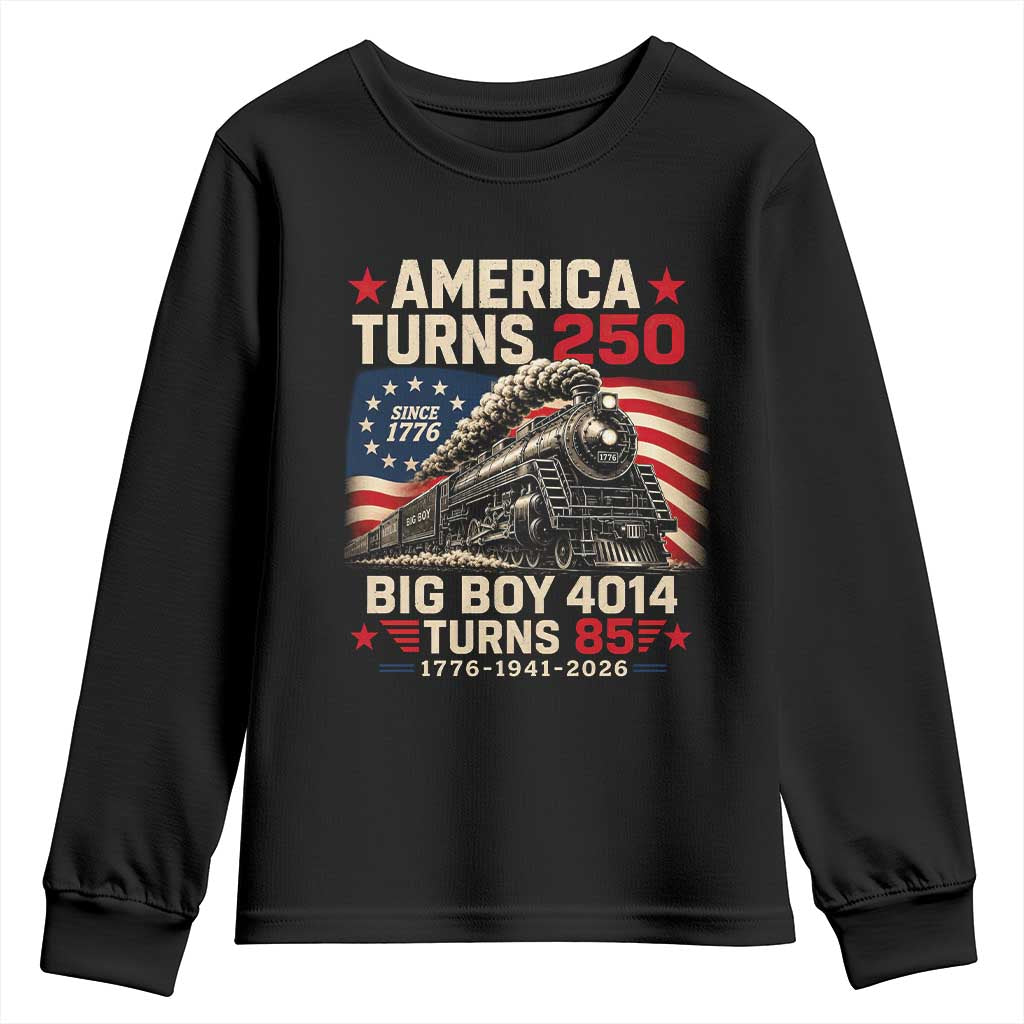 America Turns 250 Steam Locomotive Turns 85 Youth Sweatshirt Vintage Railroad Steam Engine 85th USA 250th Anniversary TS02 Black Print Your Wear