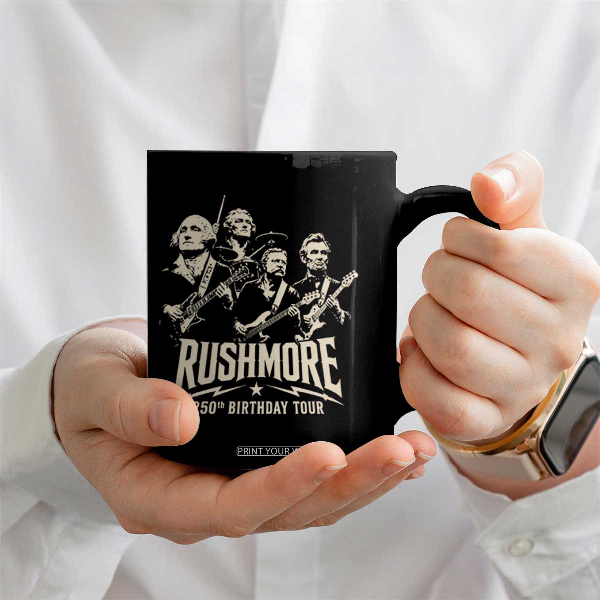 Rushmore 250th Birthday Tour Band Coffee Mug Presidents Rock Concert Historical Collages