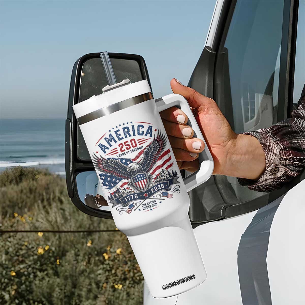 250 Years of Freedom Patriotic Eagle Tumbler With Handle One Nation Under God 1776-2026 250th Anniversary