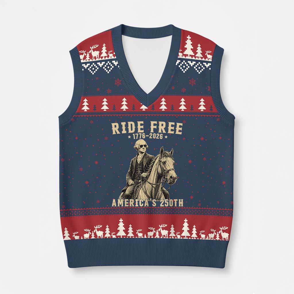 Ride Free 1776-2026 George Washington on Horseback Graphic V-Neck Knit Sweater Vest Vintage 250th Anniversary Semiquincentennial TS02 Navy Red Print Your Wear