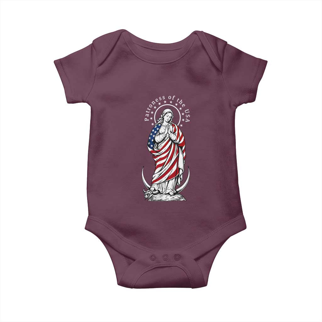Patroness of the USA Virgin Mary Graphic Baby Onesie Patriotic American Flag Catholic Faith