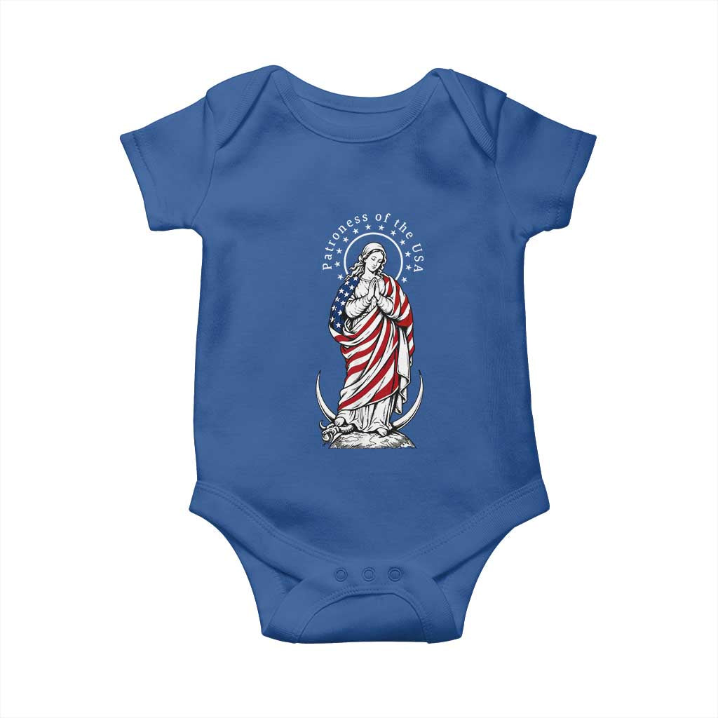 Patroness of the USA Virgin Mary Graphic Baby Onesie Patriotic American Flag Catholic Faith