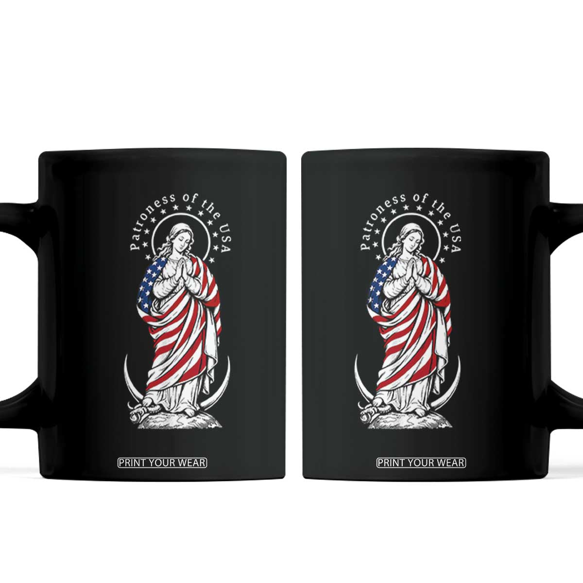 Patroness of the USA Virgin Mary Graphic Coffee Mug Patriotic American Flag Catholic Faith