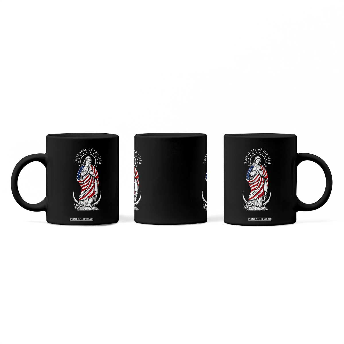 Patroness of the USA Virgin Mary Graphic Coffee Mug Patriotic American Flag Catholic Faith