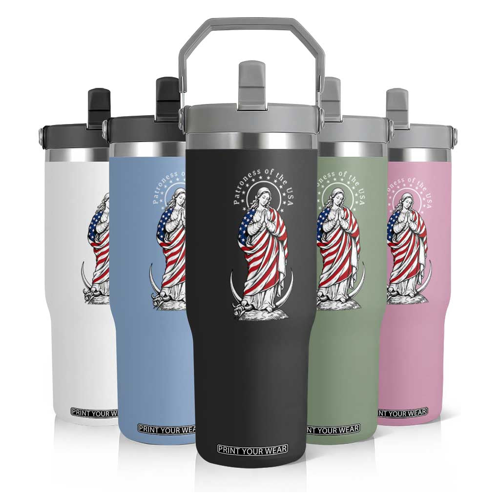 Patroness of the USA Virgin Mary Graphic Flip Straw Tumbler Patriotic American Flag Catholic Faith TS02 Print Your Wear