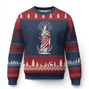 Patroness of the USA Virgin Mary Graphic Ugly Christmas Sweater Patriotic American Flag Catholic Faith