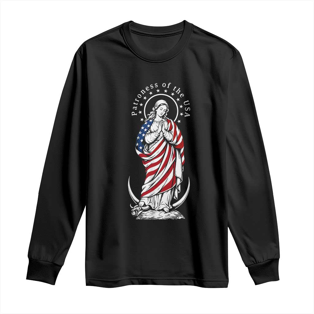 Patroness of the USA Virgin Mary Graphic Long Sleeve Shirt Patriotic American Flag Catholic Faith