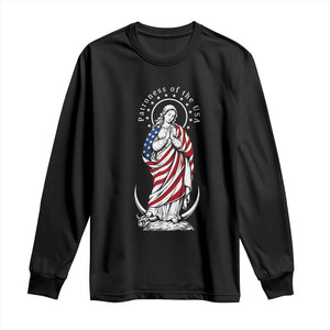 Patroness of the USA Virgin Mary Graphic Long Sleeve Shirt Patriotic American Flag Catholic Faith