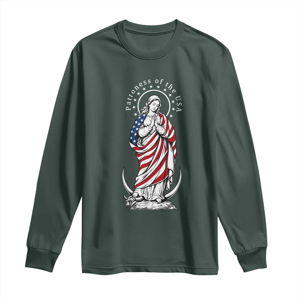 Patroness of the USA Virgin Mary Graphic Long Sleeve Shirt Patriotic American Flag Catholic Faith
