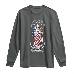 Patroness of the USA Virgin Mary Graphic Long Sleeve Shirt Patriotic American Flag Catholic Faith