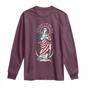 Patroness of the USA Virgin Mary Graphic Long Sleeve Shirt Patriotic American Flag Catholic Faith