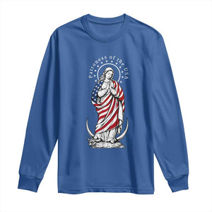 Patroness of the USA Virgin Mary Graphic Long Sleeve Shirt Patriotic American Flag Catholic Faith
