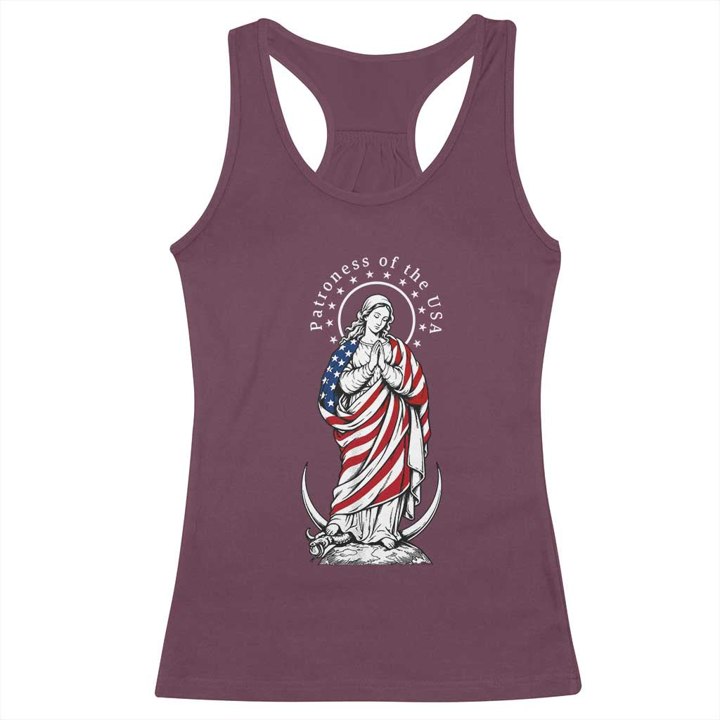 Patroness of the USA Virgin Mary Graphic Racerback Tank Top Patriotic American Flag Catholic Faith