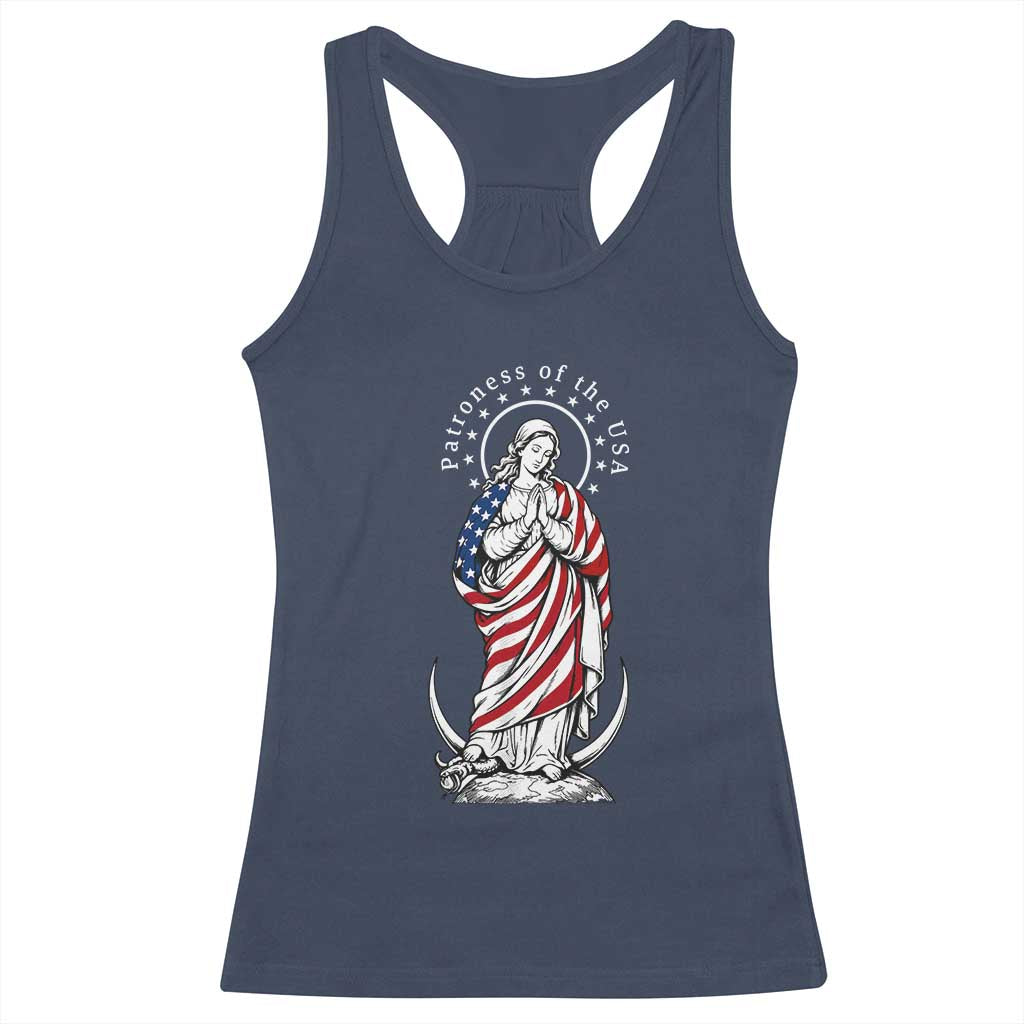 Patroness of the USA Virgin Mary Graphic Racerback Tank Top Patriotic American Flag Catholic Faith