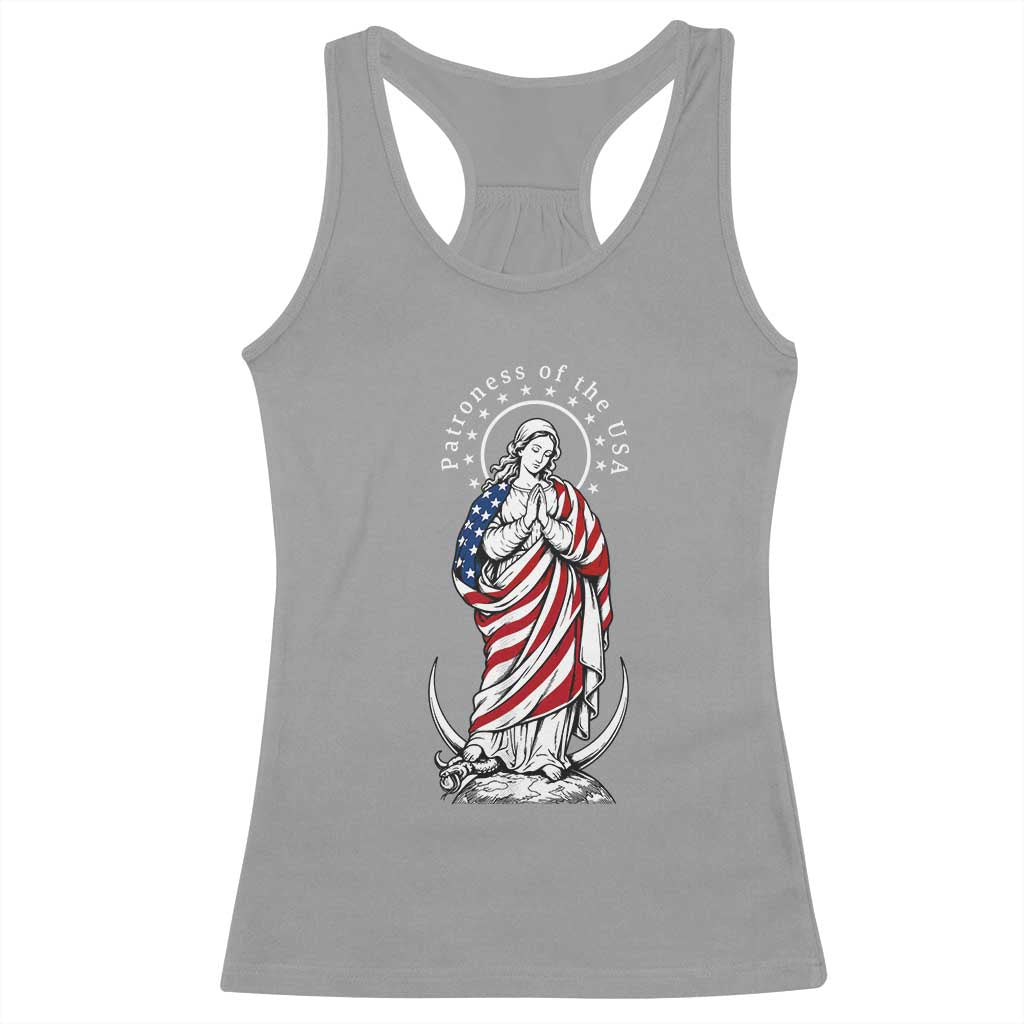 Patroness of the USA Virgin Mary Graphic Racerback Tank Top Patriotic American Flag Catholic Faith