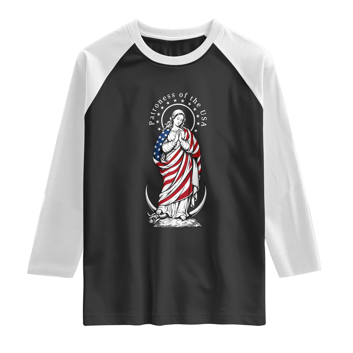 Patroness of the USA Virgin Mary Graphic Raglan Shirt Patriotic American Flag Catholic Faith