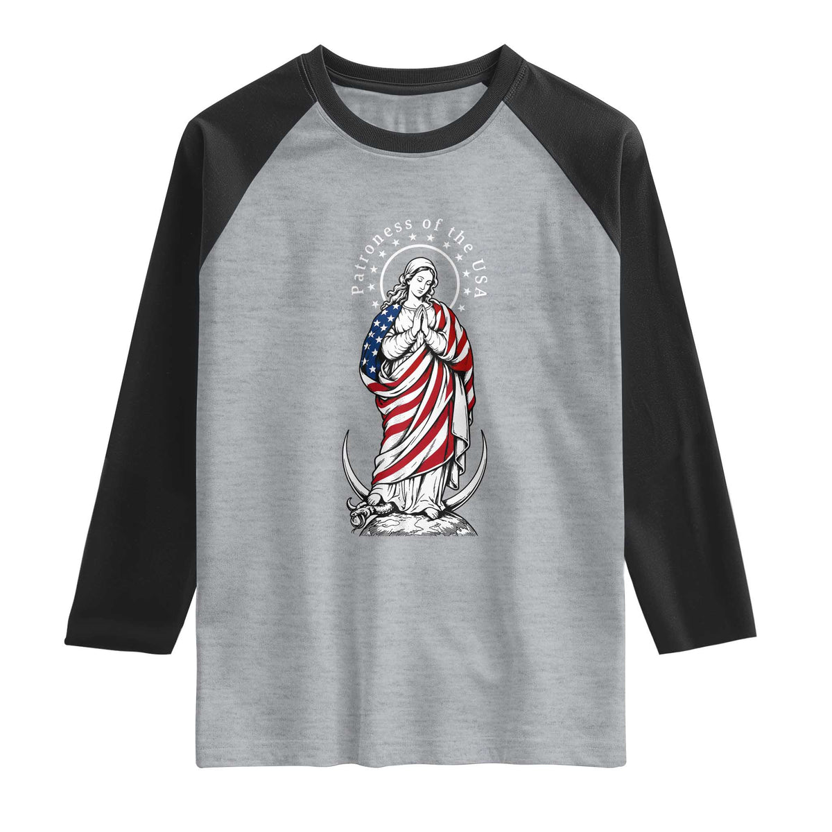 Patroness of the USA Virgin Mary Graphic Raglan Shirt Patriotic American Flag Catholic Faith