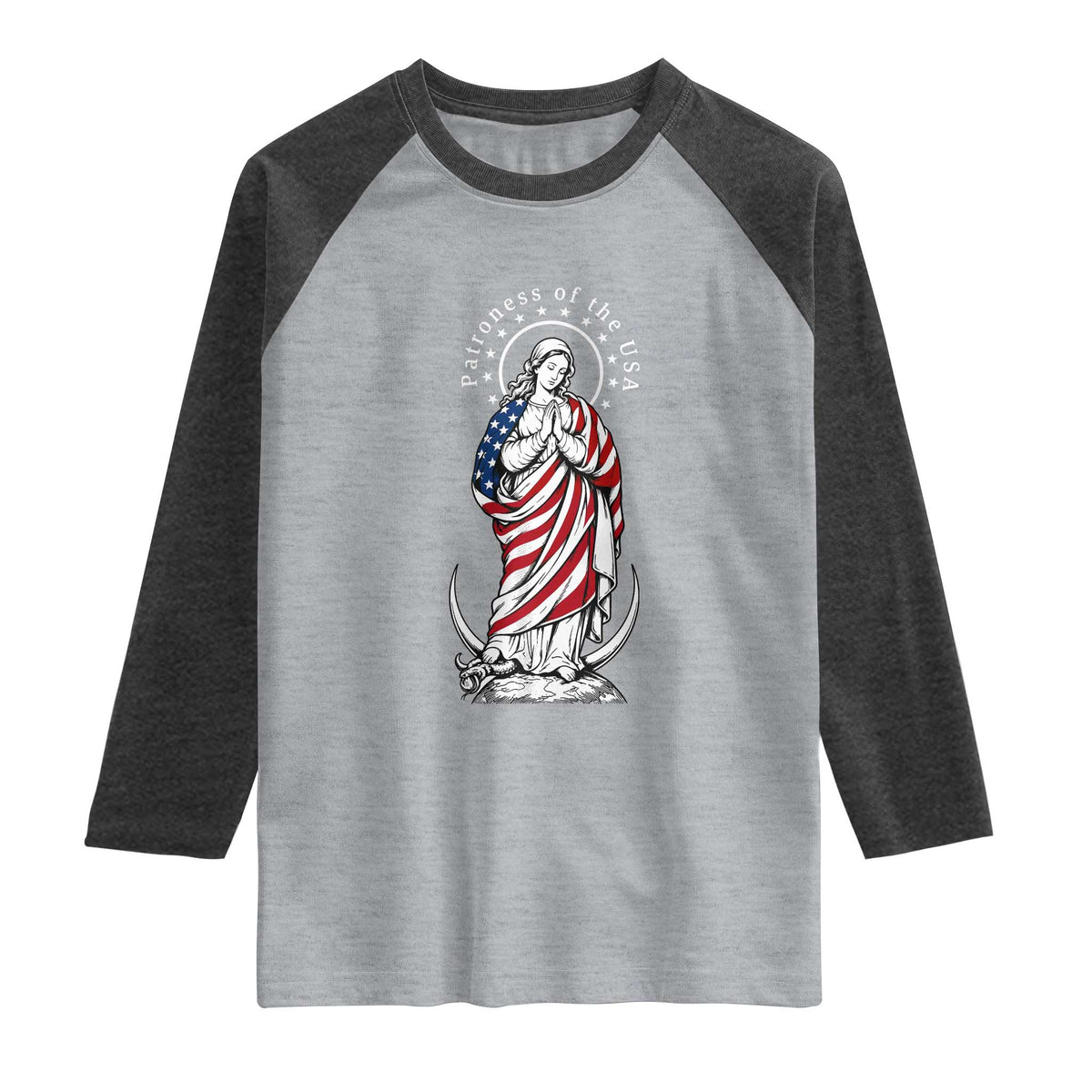 Patroness of the USA Virgin Mary Graphic Raglan Shirt Patriotic American Flag Catholic Faith