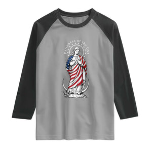 Patroness of the USA Virgin Mary Graphic Raglan Shirt Patriotic American Flag Catholic Faith
