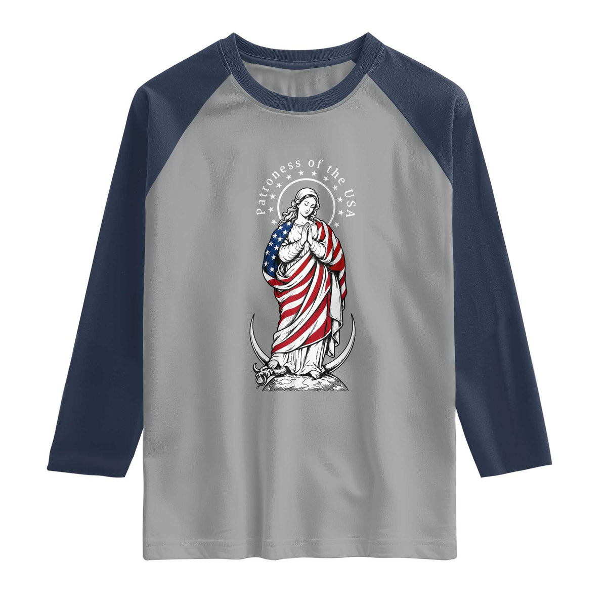 Patroness of the USA Virgin Mary Graphic Raglan Shirt Patriotic American Flag Catholic Faith