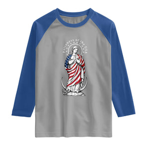 Patroness of the USA Virgin Mary Graphic Raglan Shirt Patriotic American Flag Catholic Faith