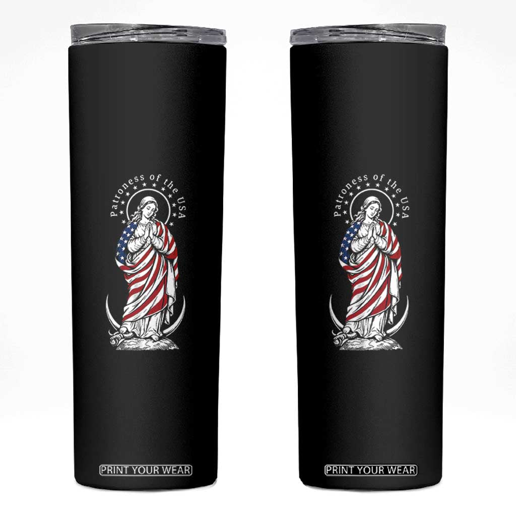 Patroness of the USA Virgin Mary Graphic Skinny Tumbler Patriotic American Flag Catholic Faith TS02 Black Print Your Wear