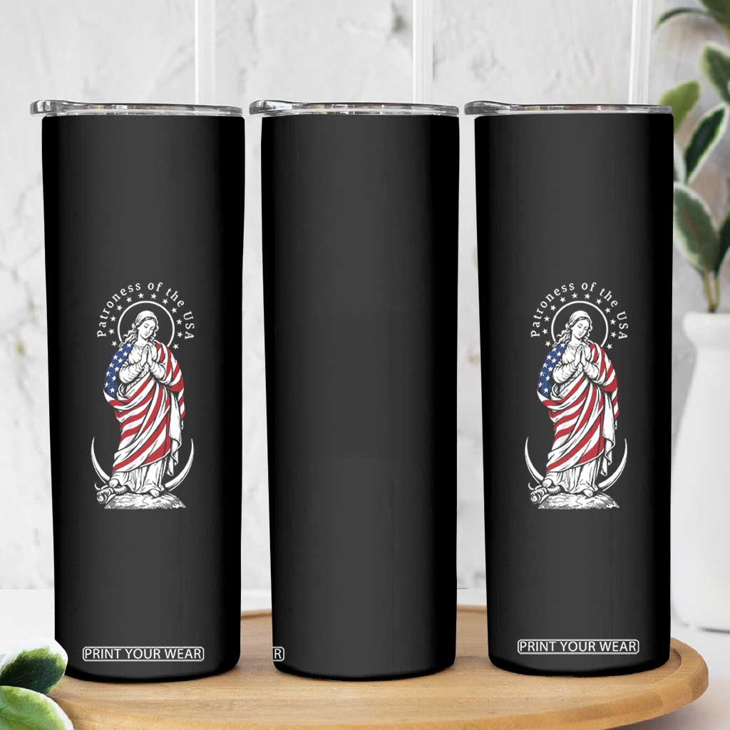 Patroness of the USA Virgin Mary Graphic Skinny Tumbler Patriotic American Flag Catholic Faith TS02 Print Your Wear