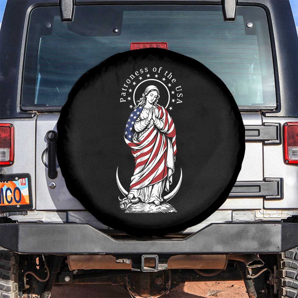 Patroness of the USA Virgin Mary Graphic Spare Tire Cover Patriotic American Flag Catholic Faith TS02 No hole Black Print Your Wear