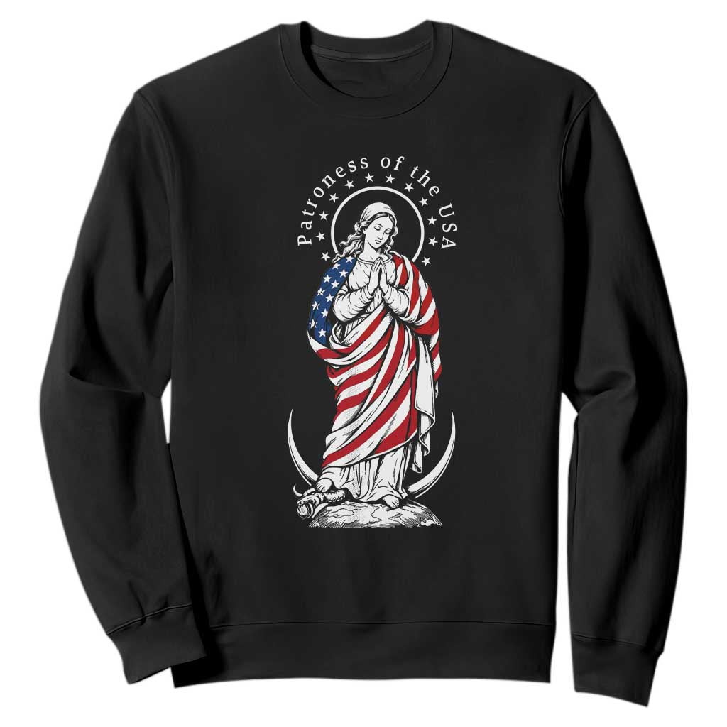 Patroness of the USA Virgin Mary Graphic Sweatshirt Patriotic American Flag Catholic Faith