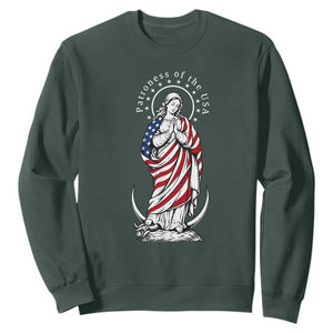Patroness of the USA Virgin Mary Graphic Sweatshirt Patriotic American Flag Catholic Faith