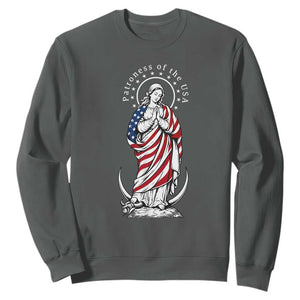 Patroness of the USA Virgin Mary Graphic Sweatshirt Patriotic American Flag Catholic Faith