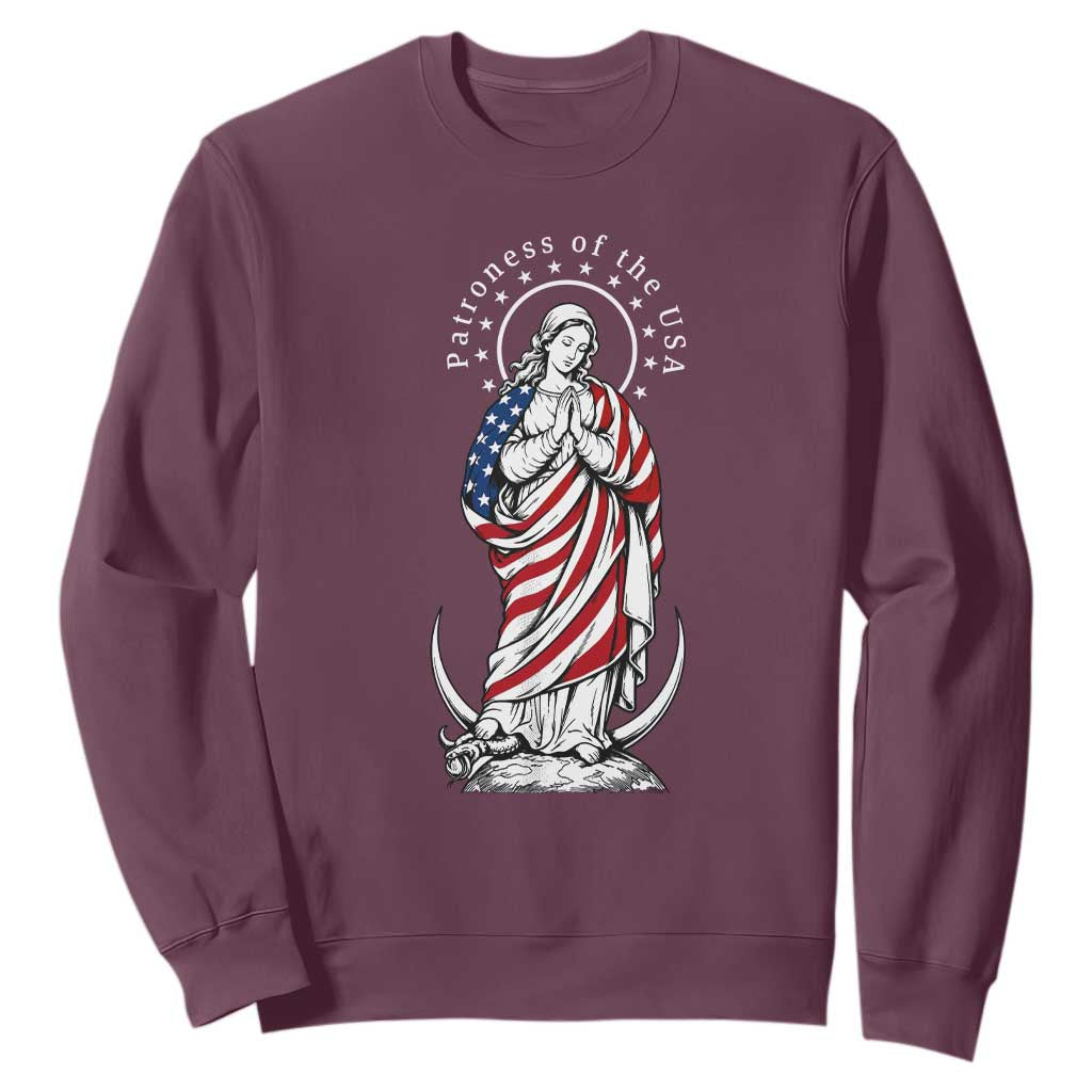 Patroness of the USA Virgin Mary Graphic Sweatshirt Patriotic American Flag Catholic Faith