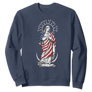 Patroness of the USA Virgin Mary Graphic Sweatshirt Patriotic American Flag Catholic Faith