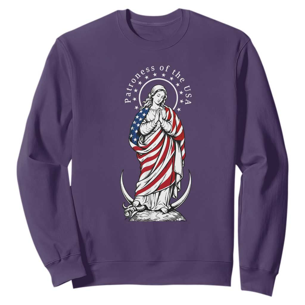 Patroness of the USA Virgin Mary Graphic Sweatshirt Patriotic American Flag Catholic Faith