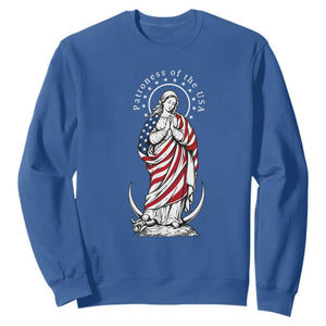 Patroness of the USA Virgin Mary Graphic Sweatshirt Patriotic American Flag Catholic Faith