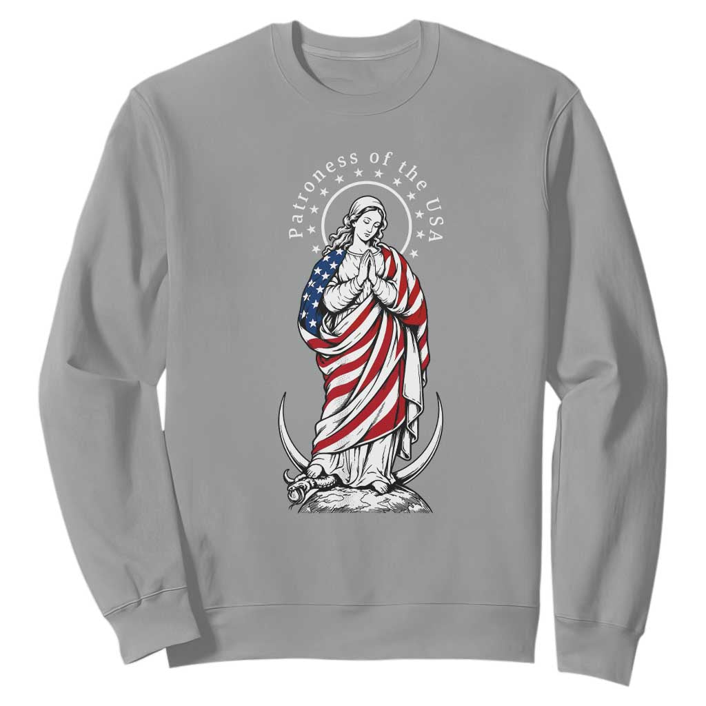 Patroness of the USA Virgin Mary Graphic Sweatshirt Patriotic American Flag Catholic Faith
