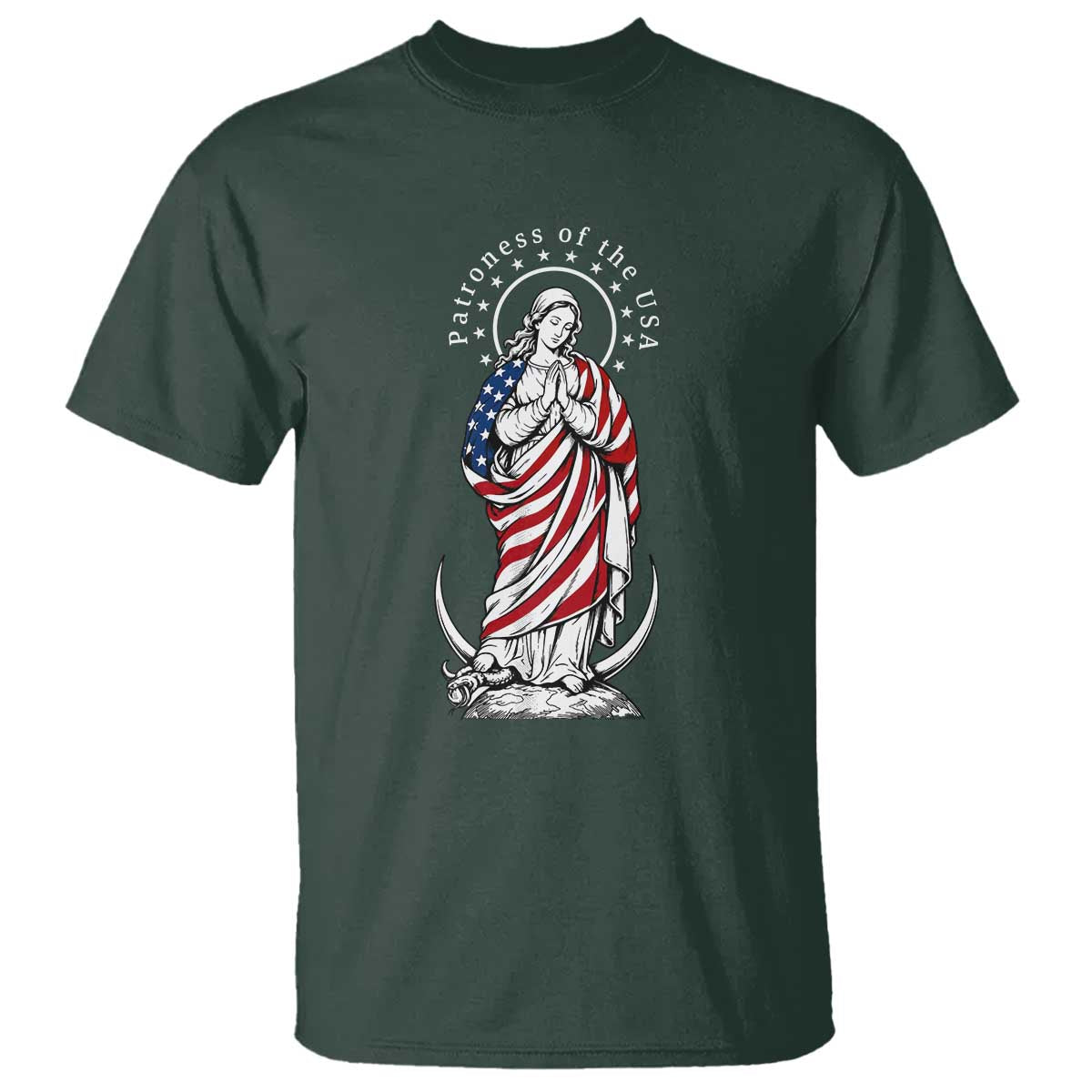 Patroness of the USA Virgin Mary Graphic T Shirt Patriotic American Flag Catholic Faith