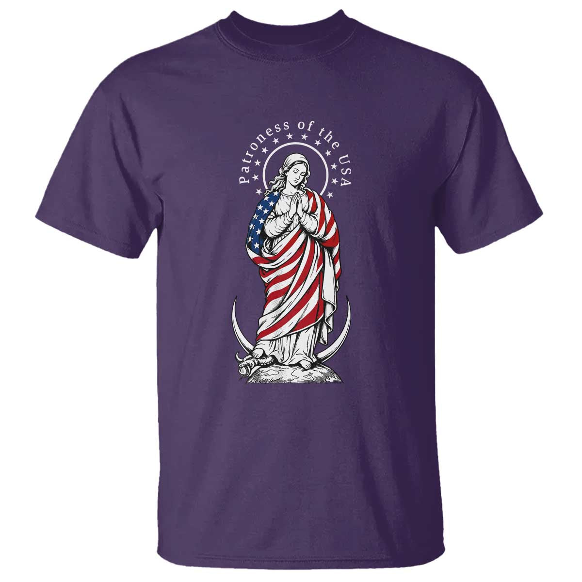 Patroness of the USA Virgin Mary Graphic T Shirt Patriotic American Flag Catholic Faith