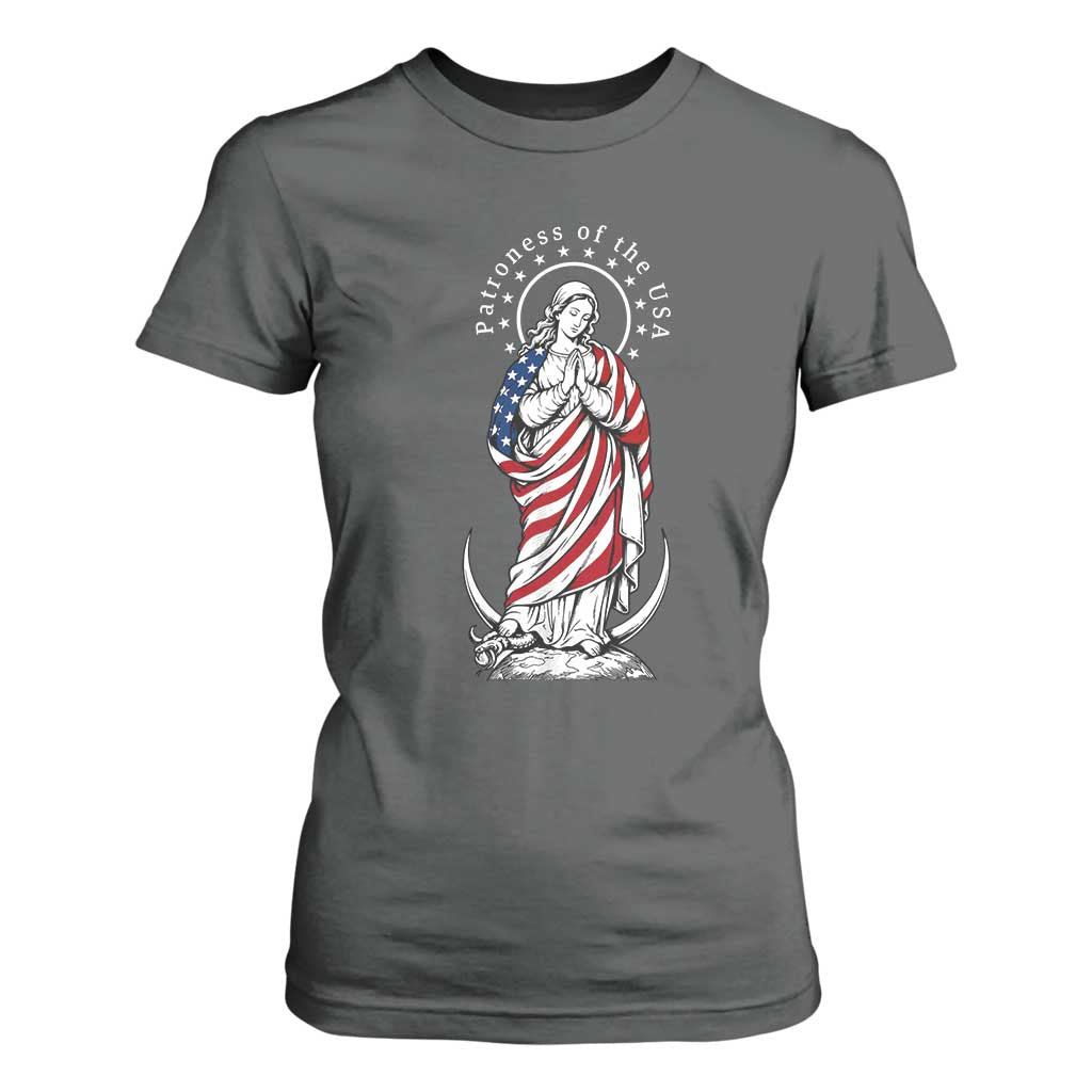 Patroness of the USA Virgin Mary Graphic T Shirt For Women Patriotic American Flag Catholic Faith