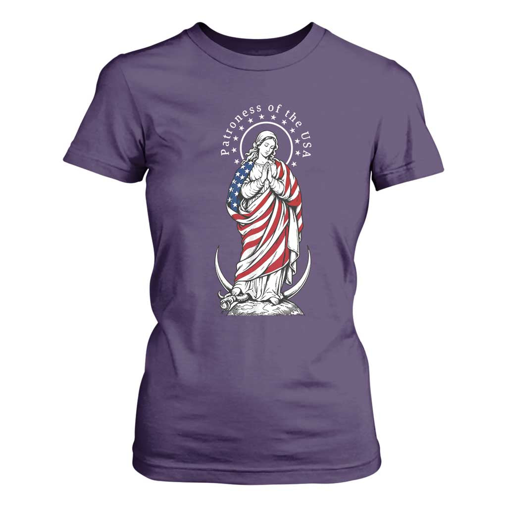 Patroness of the USA Virgin Mary Graphic T Shirt For Women Patriotic American Flag Catholic Faith