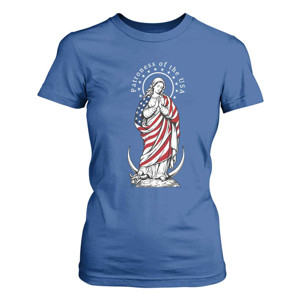 Patroness of the USA Virgin Mary Graphic T Shirt For Women Patriotic American Flag Catholic Faith