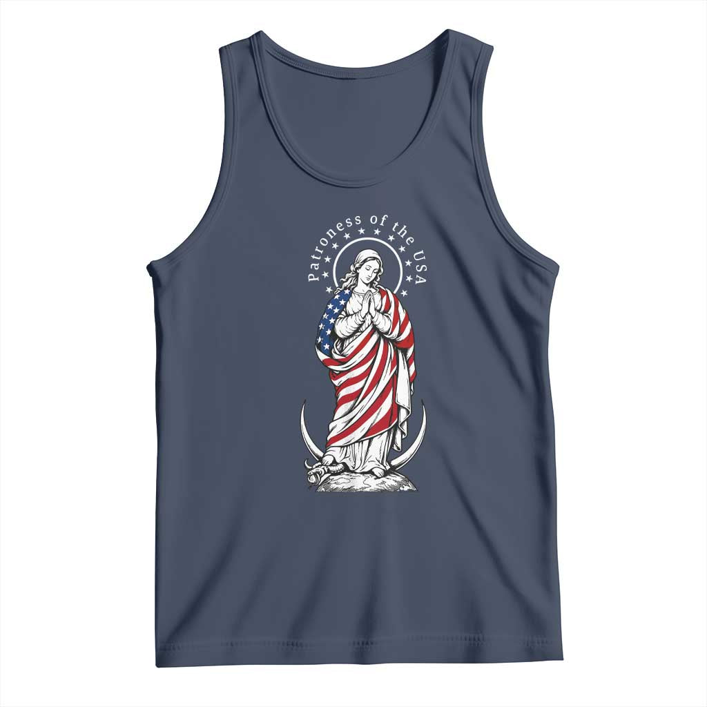 Patroness of the USA Virgin Mary Graphic Tank Top Patriotic American Flag Catholic Faith