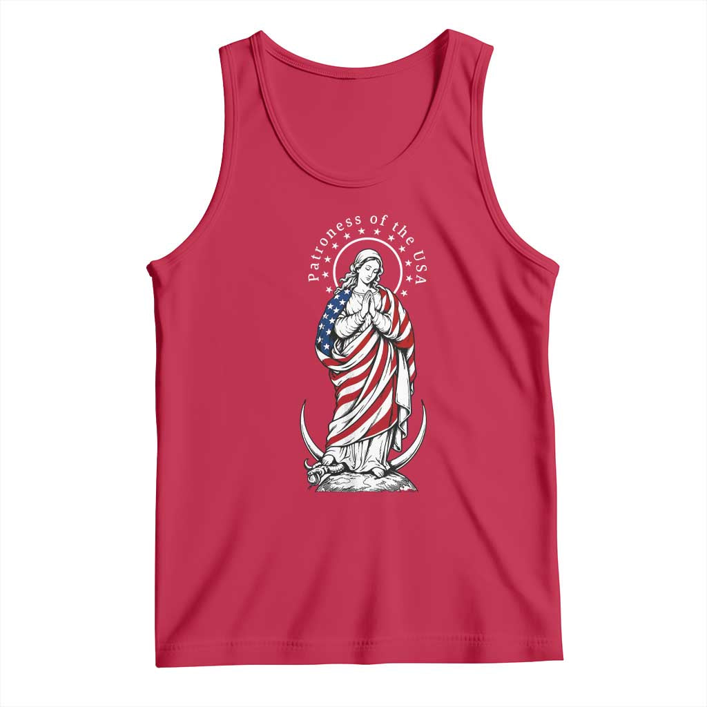 Patroness of the USA Virgin Mary Graphic Tank Top Patriotic American Flag Catholic Faith