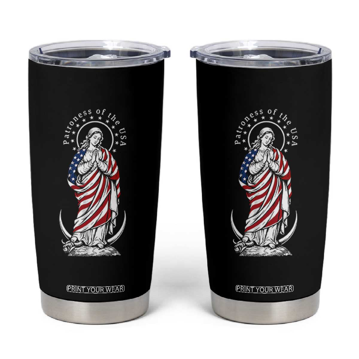 Patroness of the USA Virgin Mary Graphic Tumbler Cup Patriotic American Flag Catholic Faith TS02 Black Print Your Wear