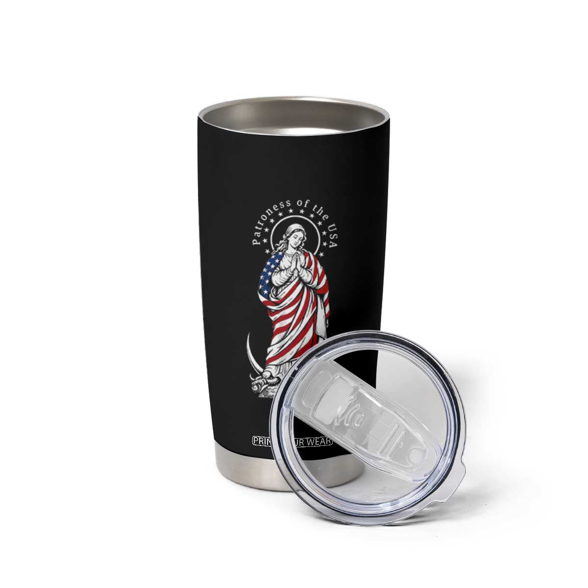 Patroness of the USA Virgin Mary Graphic Tumbler Cup Patriotic American Flag Catholic Faith TS02 Print Your Wear