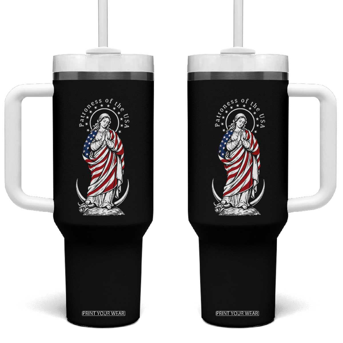 Patroness of the USA Virgin Mary Graphic Tumbler With Handle Patriotic American Flag Catholic Faith TS02 One Size: 40 oz Black Print Your Wear